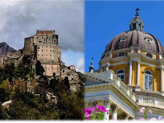 "Sacra San Michele e Basilica di Superga Pellegrinaggi Tu Sei Pietro Viaggi" "Sacra San Michele e Cupola della Basilica di Superga - Pellegrinaggi Tu Sei Pietro Viaggi"