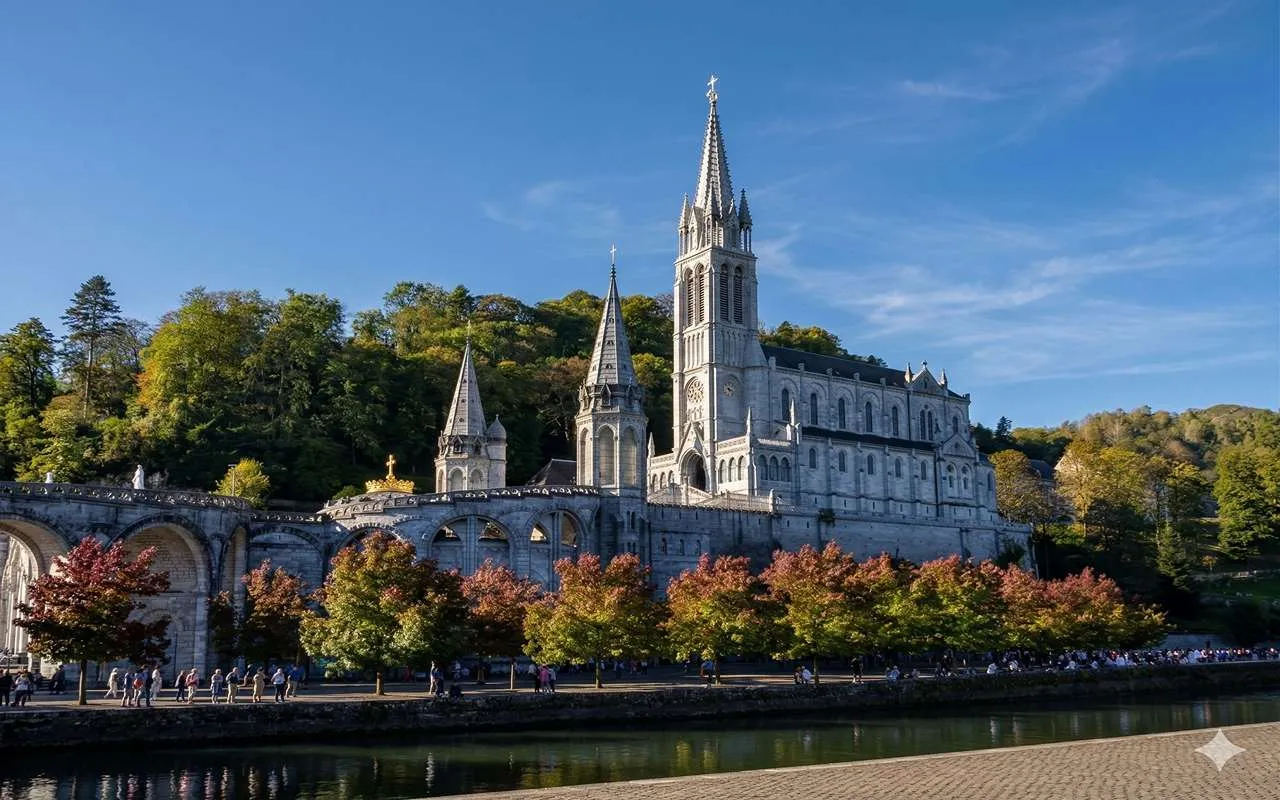 Il fiume Gave de Pau con le basiliche sopra la grotta di Lourdes
