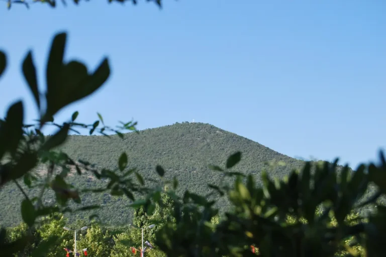 Il monte Križevac coperto di vegetazione con la croce bianca sulla cima